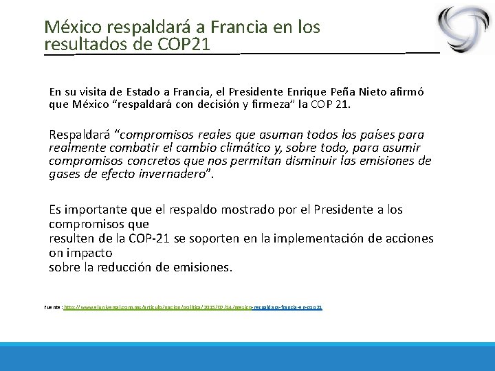 México respaldará a Francia en los resultados de COP 21 En su visita de