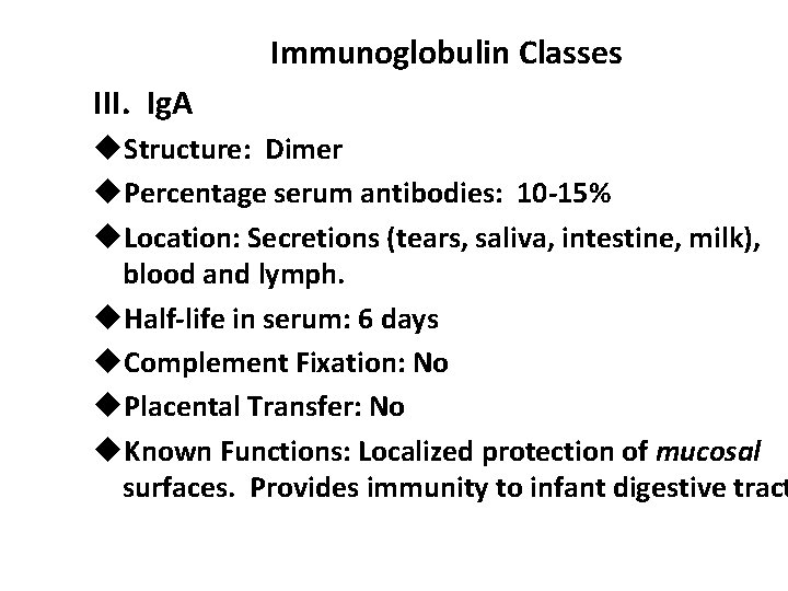 Immunoglobulin Classes III. Ig. A u. Structure: Dimer u. Percentage serum antibodies: 10 -15%