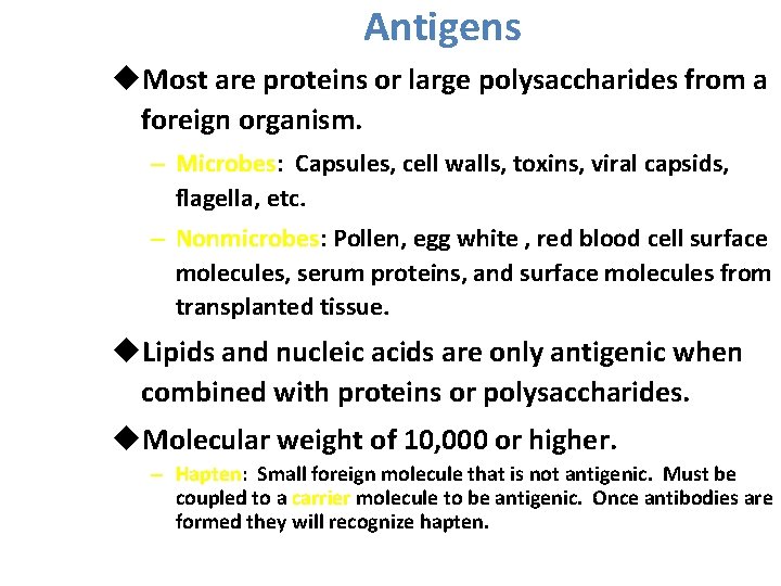 Antigens u. Most are proteins or large polysaccharides from a foreign organism. – Microbes: