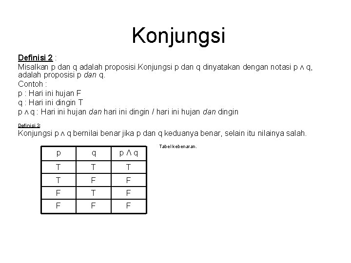 Konjungsi Definisi 2 : Misalkan p dan q adalah proposisi. Konjungsi p dan q