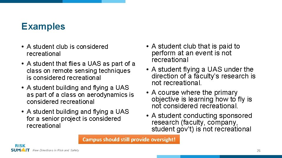 Examples • A student club is considered recreational • A student that flies a