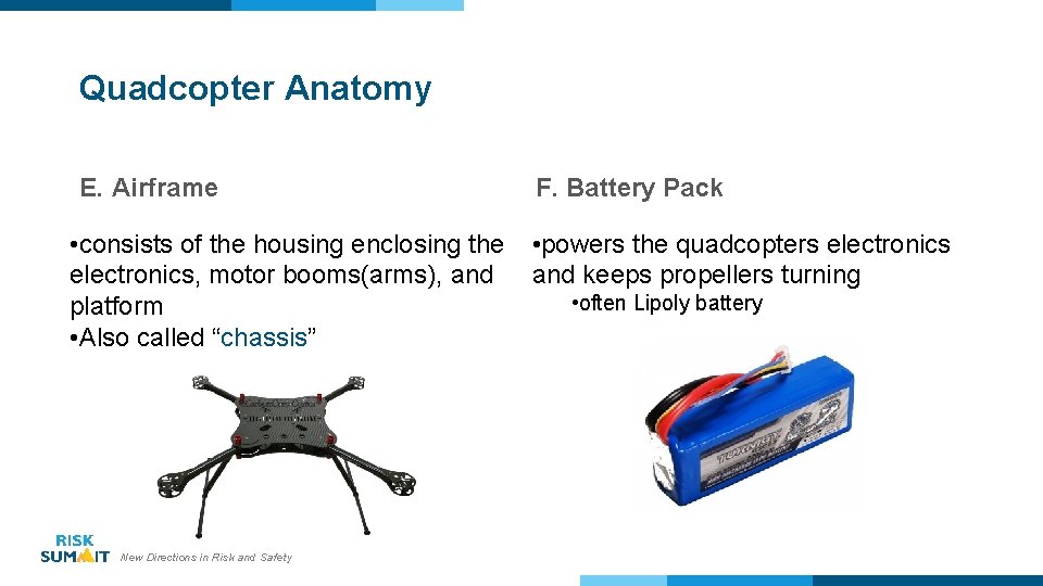 Quadcopter Anatomy E. Airframe • consists of the housing enclosing the electronics, motor booms(arms),