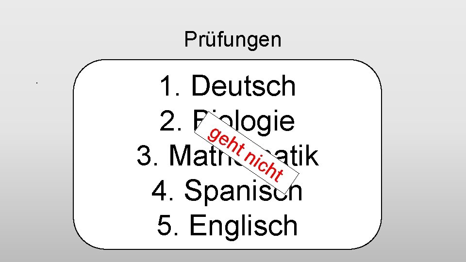 Prüfungen. 1. Deutsch 2. Biologie ge ht nic 3. Mathematik ht 4. Spanisch 5.