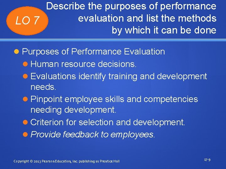 Describe the purposes of performance evaluation and list the methods LO 7 by which