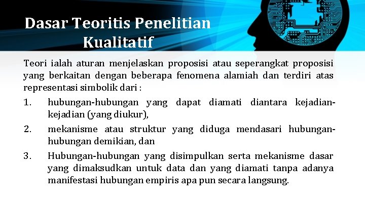 Dasar Teoritis Penelitian Kualitatif Teori ialah aturan menjelaskan proposisi atau seperangkat proposisi yang berkaitan