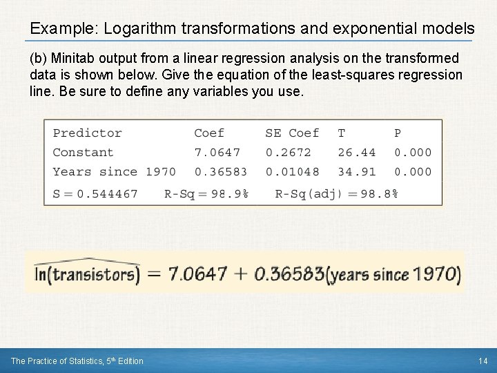 Example: Logarithm transformations and exponential models (b) Minitab output from a linear regression analysis