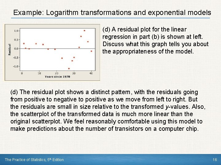 Example: Logarithm transformations and exponential models (d) A residual plot for the linear regression