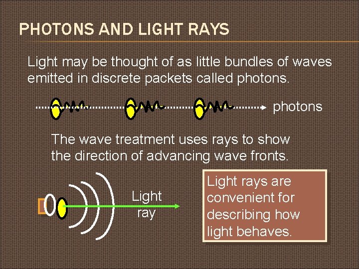 PHOTONS AND LIGHT RAYS Light may be thought of as little bundles of waves