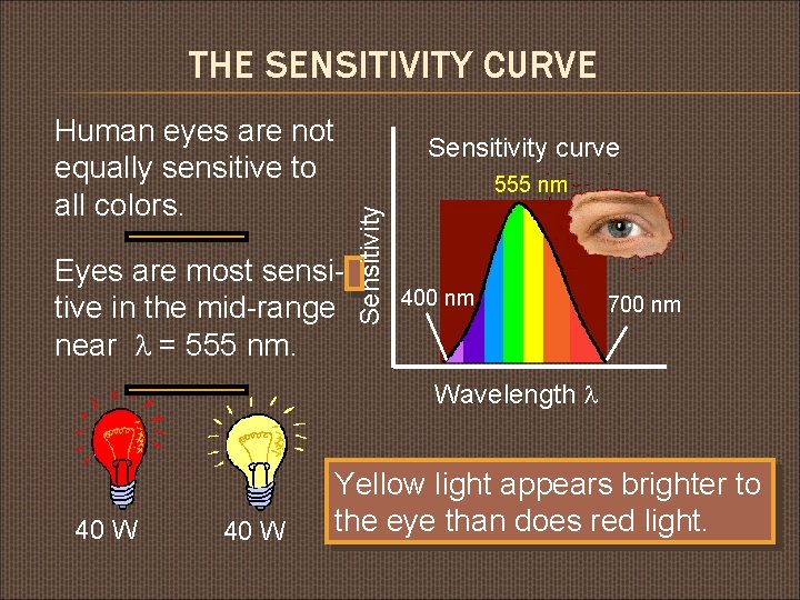 THE SENSITIVITY CURVE Human eyes are not equally sensitive to all colors. Sensitivity curve