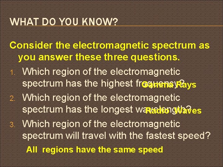 WHAT DO YOU KNOW? Consider the electromagnetic spectrum as you answer these three questions.