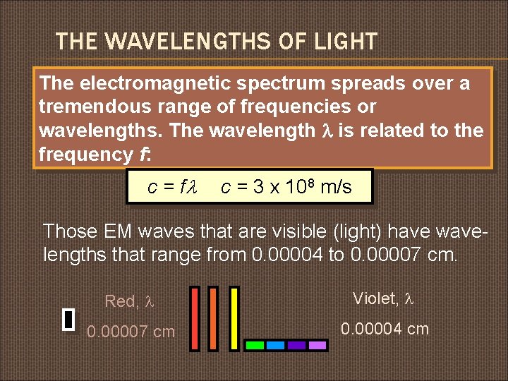 THE WAVELENGTHS OF LIGHT The electromagnetic spectrum spreads over a tremendous range of frequencies