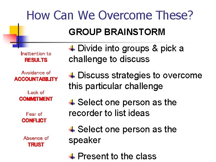 How Can We Overcome These? GROUP BRAINSTORM Inattention to RESULTS Avoidance of ACCOUNTABILITY Lack