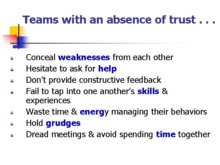 Teams with an absence of trust. . . Conceal weaknesses from each other Hesitate
