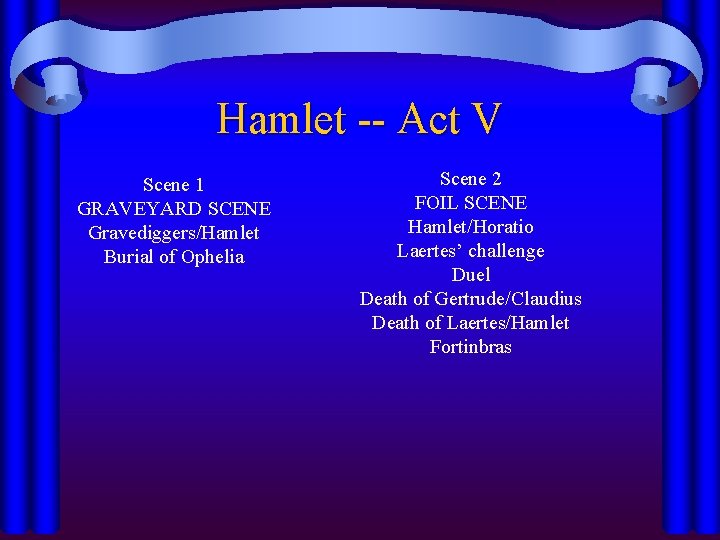 Hamlet -- Act V Scene 1 GRAVEYARD SCENE Gravediggers/Hamlet Burial of Ophelia Scene 2 Hamlet -- Act V Scene 1 GRAVEYARD SCENE Gravediggers/Hamlet Burial of Ophelia Scene 2