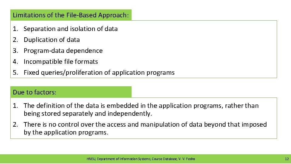 Limitations of the File-Based Approach: 1. 2. 3. 4. 5. Separation and isolation of