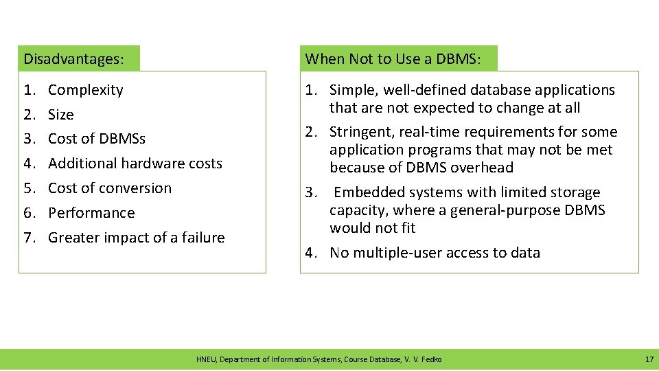 Disadvantages: When Not to Use a DBMS: 1. 2. 3. 4. 5. 6. 7.