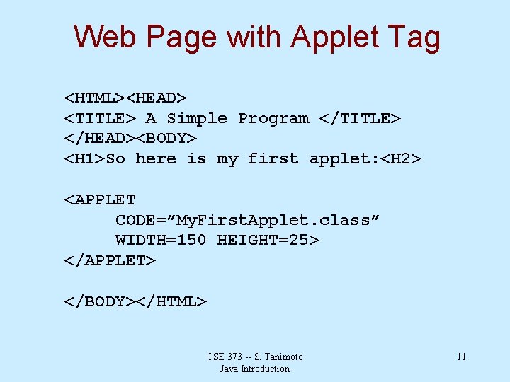 Web Page with Applet Tag <HTML><HEAD> <TITLE> A Simple Program </TITLE> </HEAD><BODY> <H 1>So