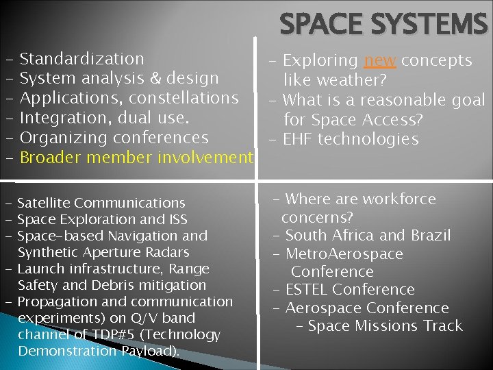 SPACE SYSTEMS - Standardization - Exploring new concepts - System analysis & design like