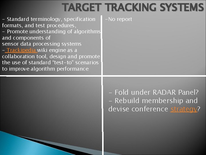 TARGET TRACKING SYSTEMS - Standard terminology, specification -No report formats, and test procedures, -