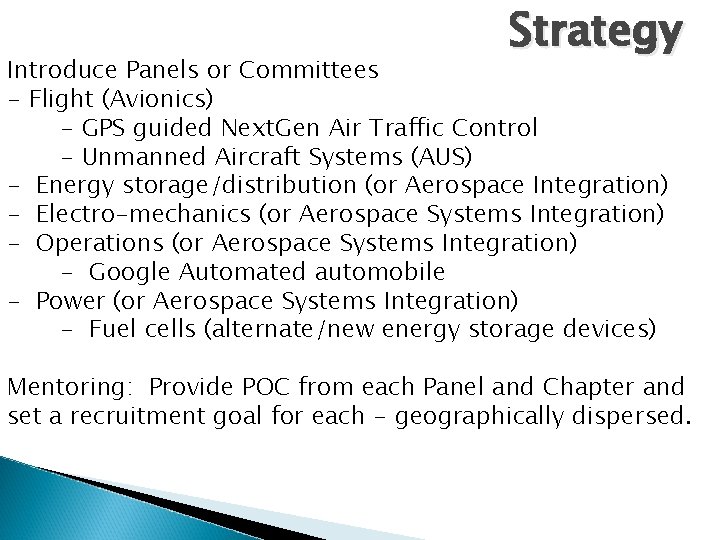 Strategy Introduce Panels or Committees - Flight (Avionics) - GPS guided Next. Gen Air