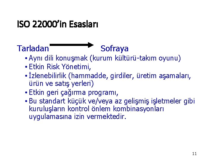 ISO 22000’in Esasları Tarladan Sofraya • Aynı dili konuşmak (kurum kültürü-takım oyunu) • Etkin