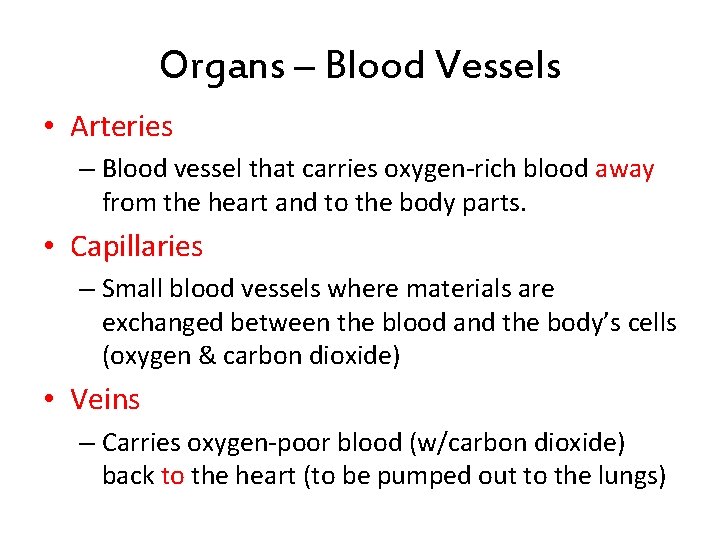 Organs – Blood Vessels • Arteries – Blood vessel that carries oxygen-rich blood away Organs – Blood Vessels • Arteries – Blood vessel that carries oxygen-rich blood away