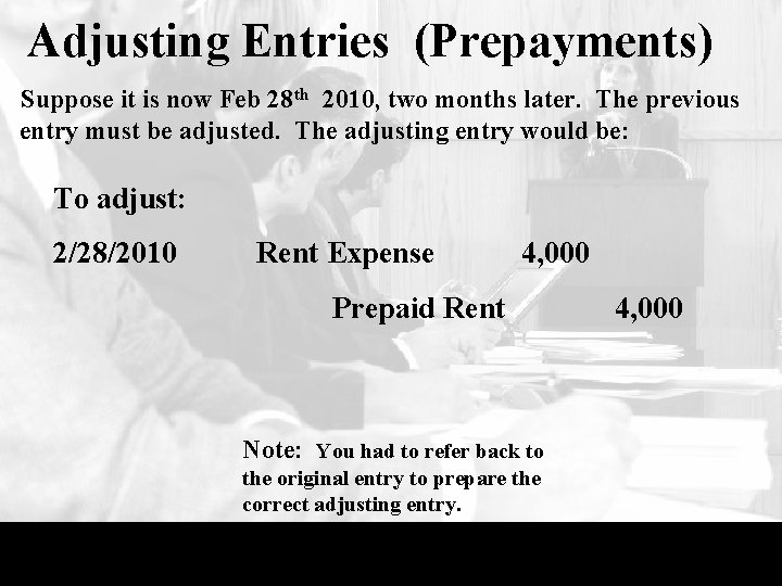 Adjusting Entries (Prepayments) Suppose it is now Feb 28 th 2010, two months later.
