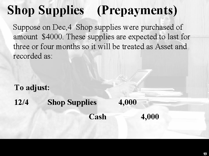 Shop Supplies (Prepayments) Suppose on Dec, 4 Shop supplies were purchased of amount $4000.