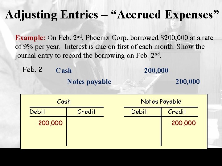 Adjusting Entries – “Accrued Expenses” Example: On Feb. 2 nd, Phoenix Corp. borrowed $200,