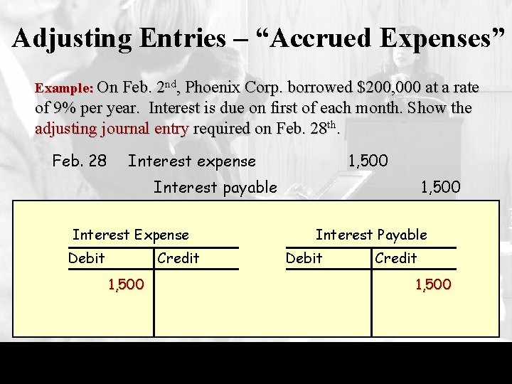 Adjusting Entries – “Accrued Expenses” Example: On Feb. 2 nd, Phoenix Corp. borrowed $200,
