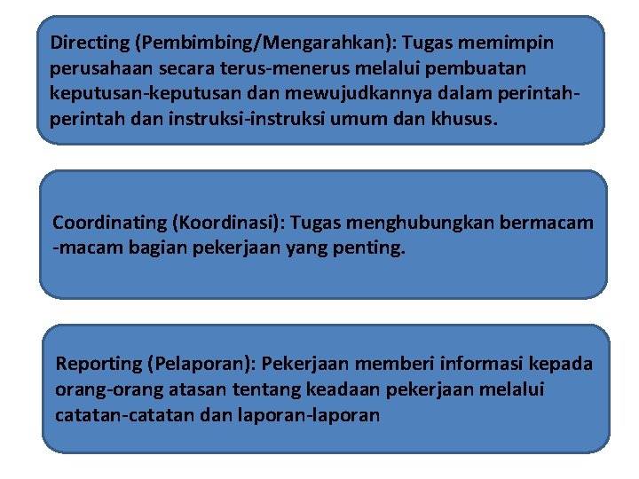 Directing (Pembimbing/Mengarahkan): Tugas memimpin perusahaan secara terus-menerus melalui pembuatan keputusan-keputusan dan mewujudkannya dalam perintah