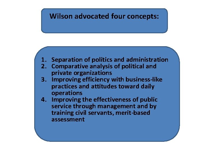 Wilson advocated four concepts: 1. Separation of politics and administration 2. Comparative analysis of