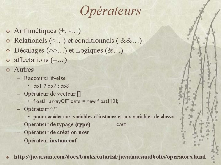 Opérateurs v v v Arithmétiques (+, -…) Relationels (<…) et conditionnels ( &&…) Décalages