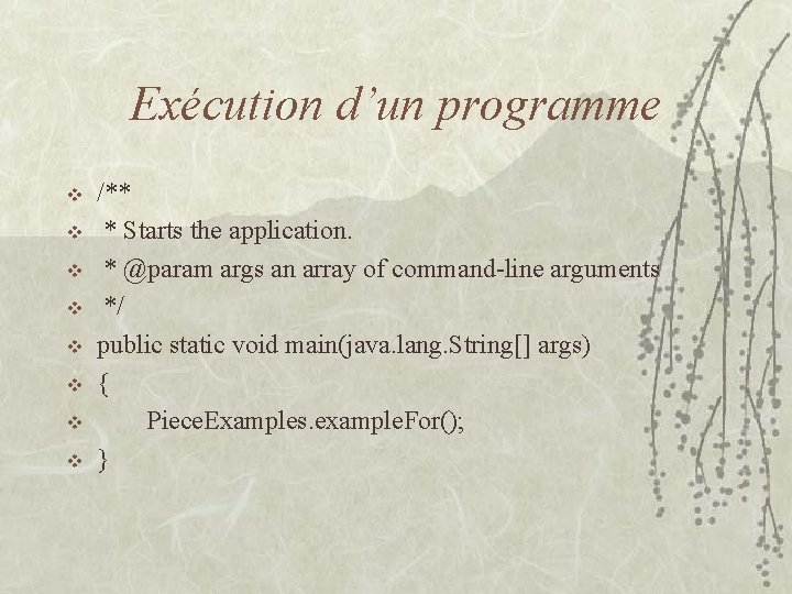 Exécution d’un programme v v v v /** * Starts the application. * @param