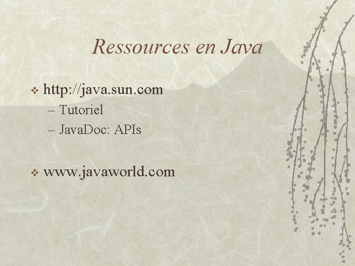 Ressources en Java v http: //java. sun. com – Tutoriel – Java. Doc: APIs