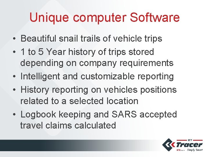 Unique computer Software • Beautiful snail trails of vehicle trips • 1 to 5
