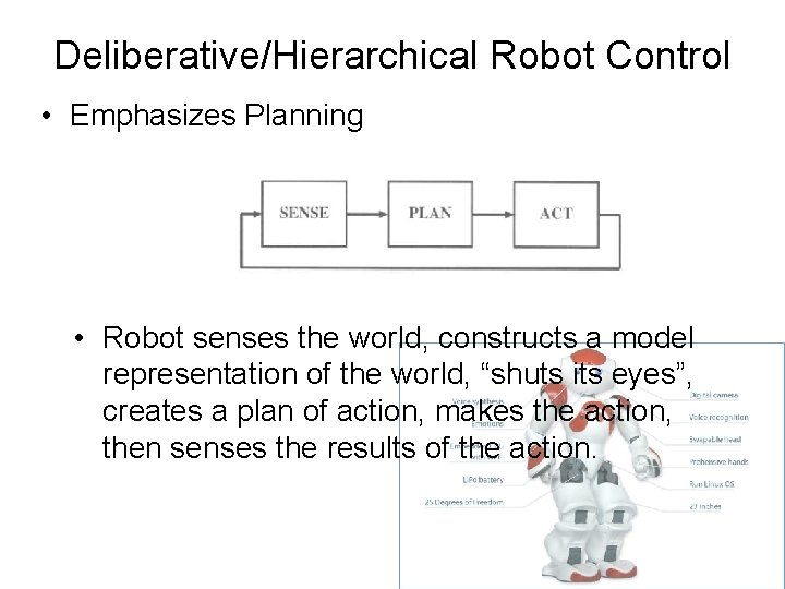 Deliberative/Hierarchical Robot Control • Emphasizes Planning • Robot senses the world, constructs a model Deliberative/Hierarchical Robot Control • Emphasizes Planning • Robot senses the world, constructs a model