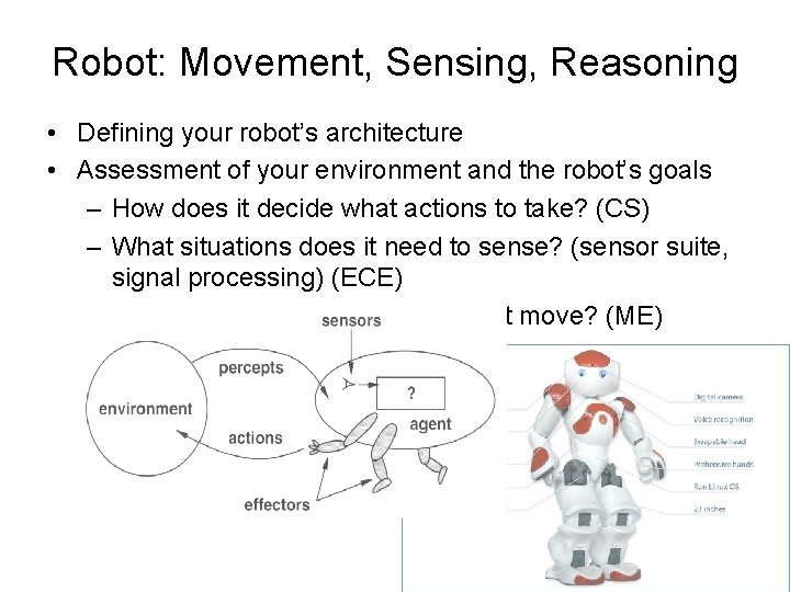 Robot: Movement, Sensing, Reasoning • Defining your robot’s architecture • Assessment of your environment Robot: Movement, Sensing, Reasoning • Defining your robot’s architecture • Assessment of your environment