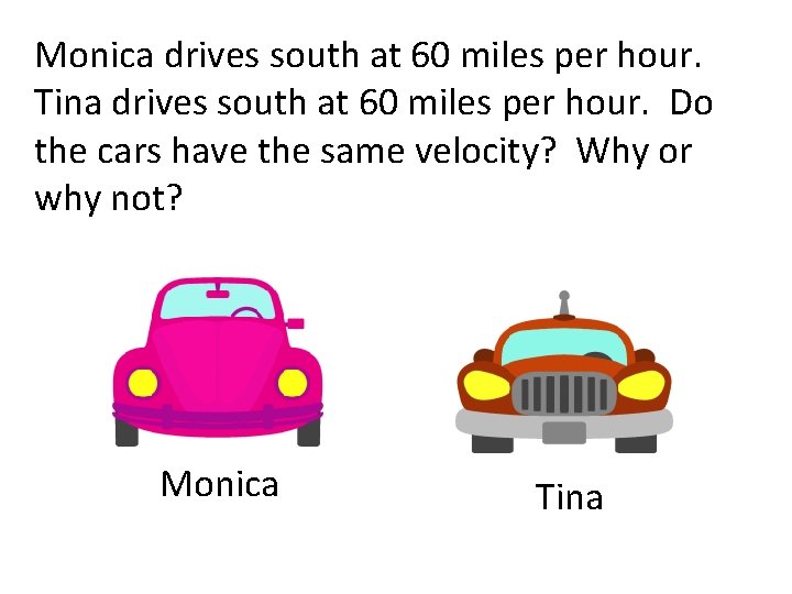 Monica drives south at 60 miles per hour. Tina drives south at 60 miles