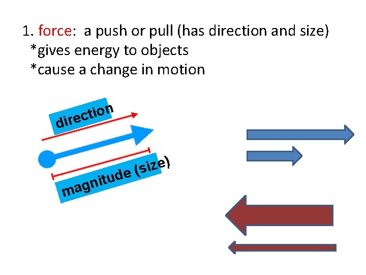1. force: a push or pull (has direction and size) *gives energy to objects