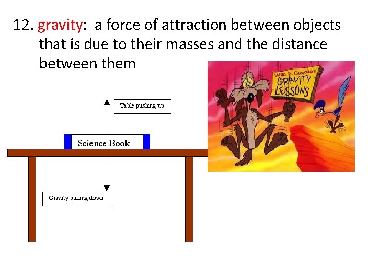 12. gravity: a force of attraction between objects that is due to their masses