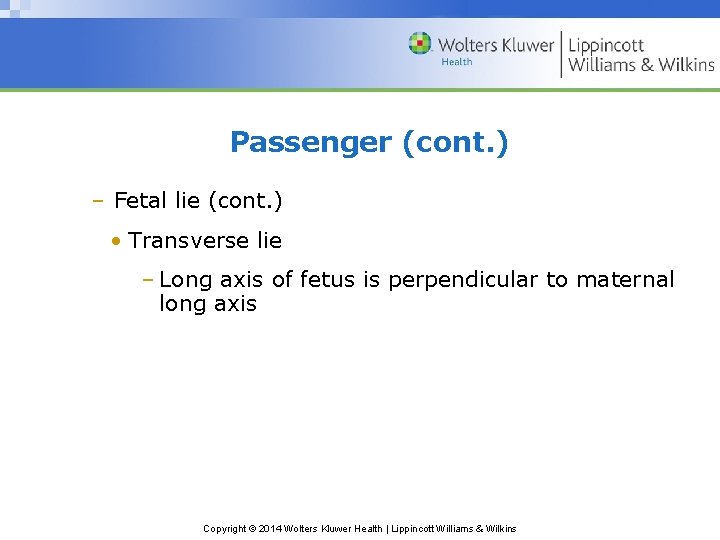 Passenger (cont. ) ‒ Fetal lie (cont. ) • Transverse lie ‒ Long axis