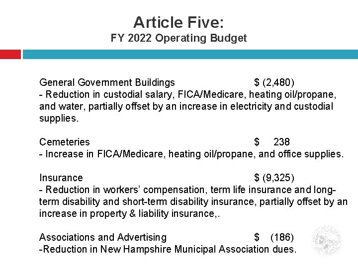 Article Five: FY 2022 Operating Budget General Government Buildings $ (2, 480) - Reduction