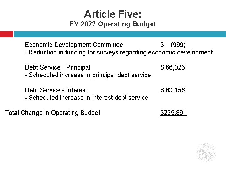 Article Five: FY 2022 Operating Budget Economic Development Committee $ (999) - Reduction in