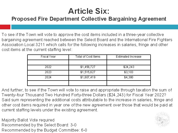 Article Six: Proposed Fire Department Collective Bargaining Agreement To see if the Town will