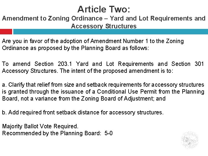 Article Two: Amendment to Zoning Ordinance – Yard and Lot Requirements and Accessory Structures