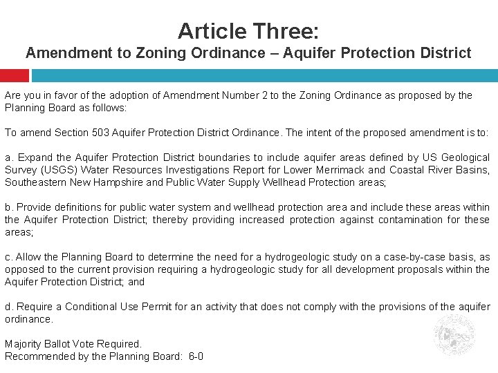 Article Three: Amendment to Zoning Ordinance – Aquifer Protection District Are you in favor