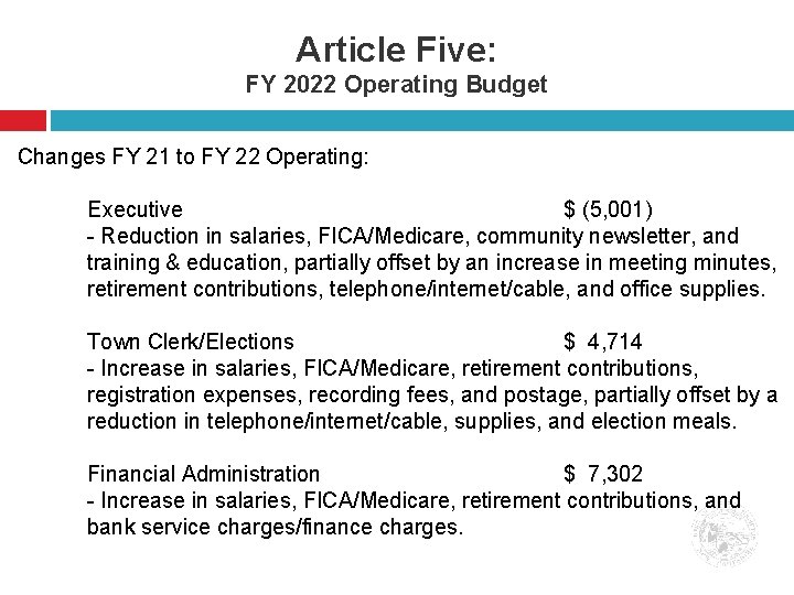 Article Five: FY 2022 Operating Budget Changes FY 21 to FY 22 Operating: Executive