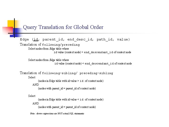 Query Translation for Global Order Edge (id, parent_id, end_desc_id, path_id, value) Translation of following/preceding