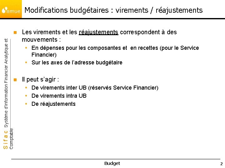 Modifications budgétaires : virements / réajustements Les virements et les réajustements correspondent à des